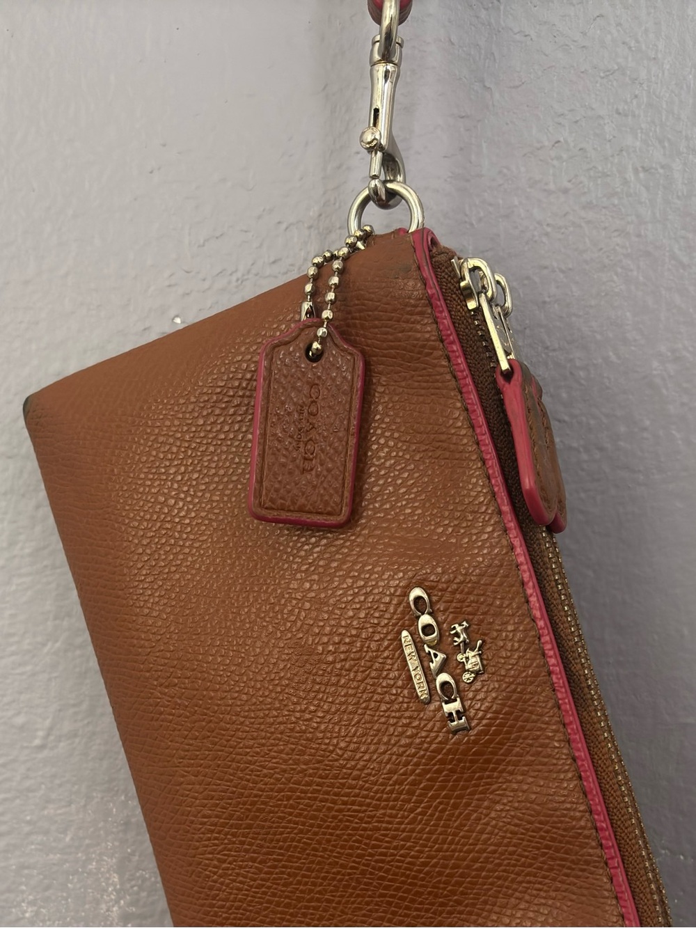 COACH Corner Zip Wristlet - Brown & Pink Leather Wallet - Good Condition